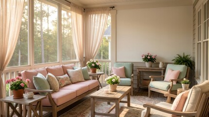 Fototapeta premium Serene screened porch with pastel furniture and lush greenery, bathed in sunlight