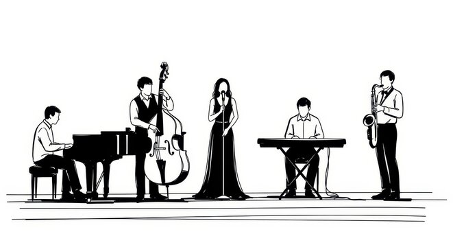 Minimalist Black and White Illustration of a Jazz Band Performing on Stage with Piano, Bass, Singer, Keyboard, and Saxophone