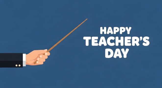 Happy teachers day greeting card with a hand holding a pointer stick on a blue background