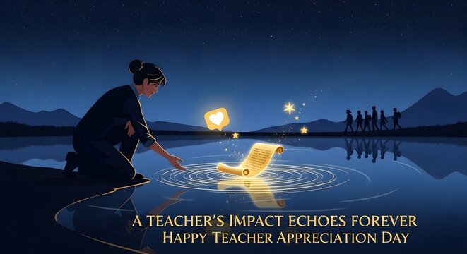 Teacher appreciation day illustration with a teacher touching a glowing scroll on a lake at night