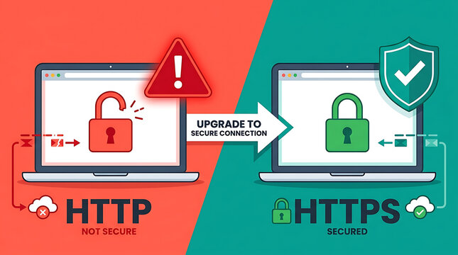 SSL Encryption Technology with HTTP and HTTPS Secure Connection &ndash; Cybersecurity, Web Protection and Internet Data Security Concept