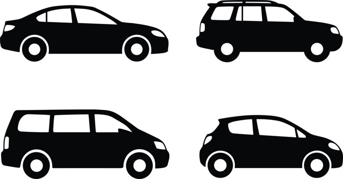 Black car silhouette vector icon set containing sedan station wagon minivan and compact hatchback side view shapes