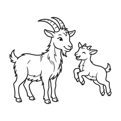 Fototapeta premium Cartoon goat mother and kid playing together with line art, black and white