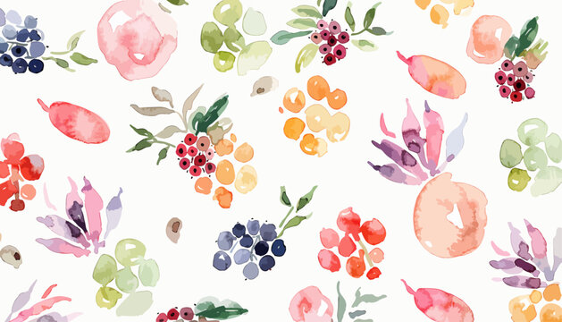 Decorative watercolor fruit pattern featuring peaches grapes blackberries and lemon slices
