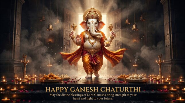 Lord Ganesha stands in a grand temple hall surrounded by lit diyas and offerings during Ganesh Chaturthi celebrations