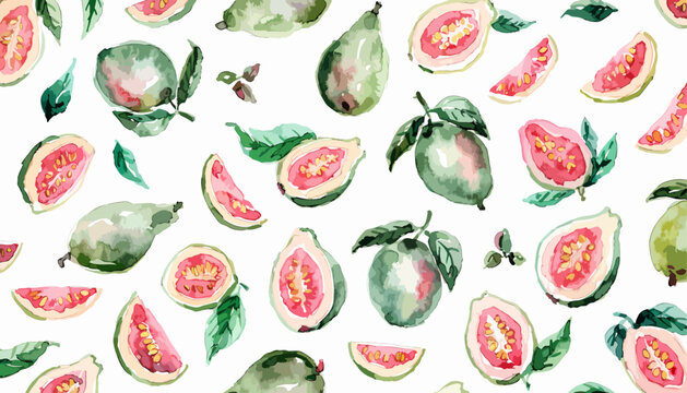 Beautiful hand painted guava pattern with fresh watercolor tropical fruit elements