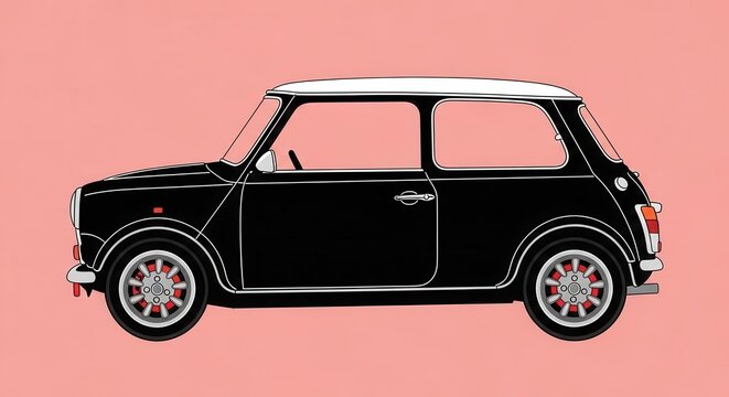 Classic Black Mini Cooper with White Roof Illustration on Pink Background - Retro Vintage Car Side Profile Vector Art