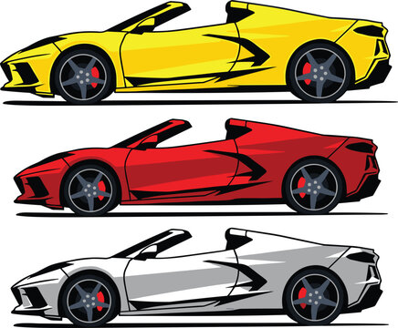 Modern luxury convertible sports car vector illustration set featuring yellow red and silver fast exotic supercars