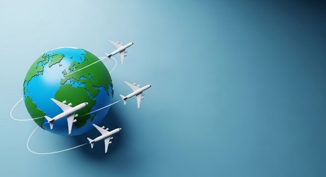 Airplanes flying around the globe on white flight paths against a blue background with a green and blue earth