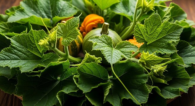 Fresh green zucchini and orange pepper in garden