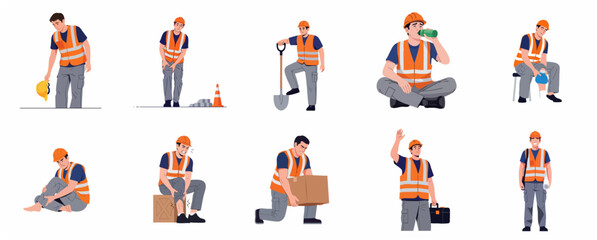 Construction Worker Character Set with Fatigue and Work Related Injury Concept © Sego