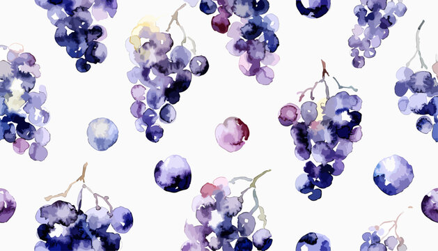 Bright watercolor purple grapes pattern featuring artistic fruit splash compositions naturally