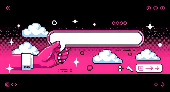 Retro gaming pixel art hand holding a blank speech bubble. Online communication and messaging concept. Digital cursor icon with clouds and sparkles on a vibrant pink background