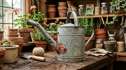 Obraz premium Antique galvanized metal watering can rests on a wooden surface surrounded by gardening tools and terracotta pots