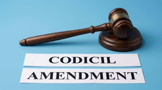 Codicil amendment legal concept with wooden judge gavel, law and justice document modification, estate planning and testament update on blue background