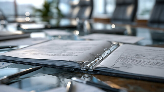 Tabbed document folder mockup splayed open on a glass boardroom table during an aftermath moment following a strategy session, scattered pens and notes surrounding it, corporate compliance, legal br
