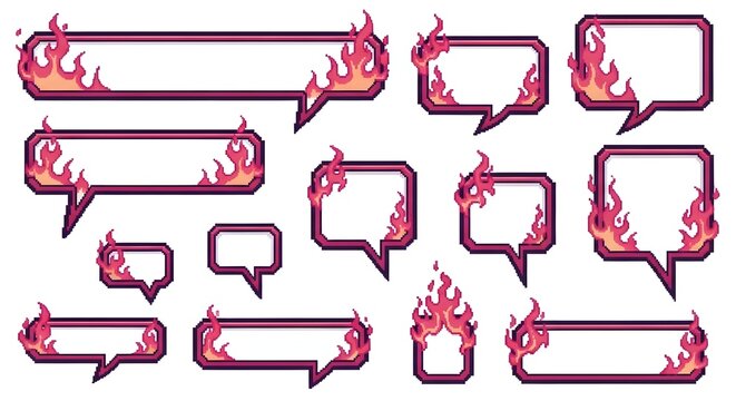 Pixel art speech bubble set with flames. Gaming UI and chat interface elements. Rectangular and square speech boxes bordered with fire