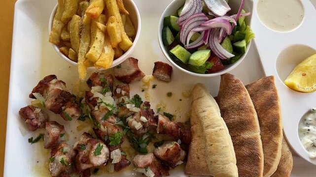 Traditional Greek fast food. Pork souvlaki with pita bread, vegetables, French fries, and sadziki sauce. Street food on the island of Cyprus.