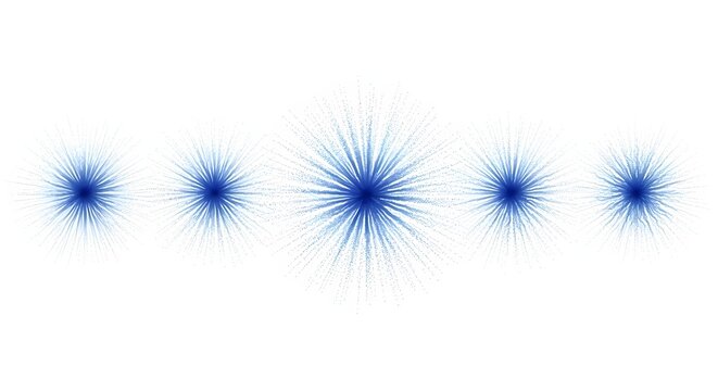 Set of radial sunburst or explosion shapes with stipple dot texture. Energetic graphic design elements. Abstract blue circular particles radiating outwards for festive or tech visuals.