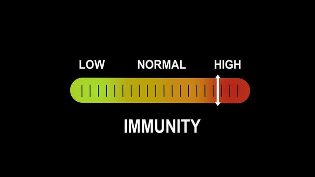 Dynamic immunity level indicator gauge animation featuring a color-coded progress bar moving from low to status for medical health research, biological defense systems, and