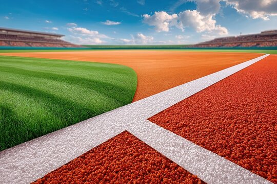Detailed close-up of a baseball field showing base line, grass, dirt and stadium background