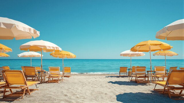 Yellow beach umbrella and sunbed on sand near blue sea. Summer holiday resort view with lounge chair under parasol for vacation relaxation. Tropical coast scenery for travel concept.