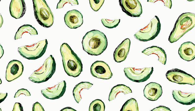 Creative botanical avocado artwork with vibrant watercolor fruit and leaf compositions