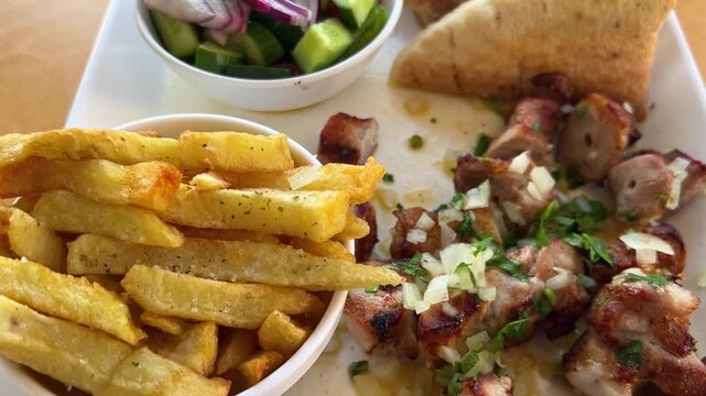 Traditional Greek fast food. Pork souvlaki with pita bread, vegetables, French fries, and sadziki sauce. Street food on the island of Cyprus.