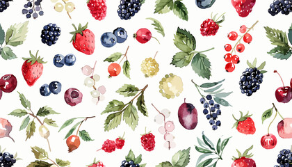 Bright berry mix watercolor wallpaper inspired by fresh organic forest fruit scenery © Halen