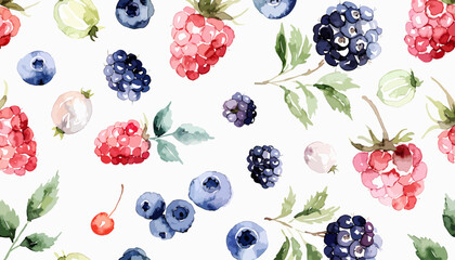 Bright watercolor berry mix cluster with realistic juicy fruit and leaf arrangements © Halen