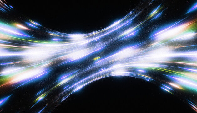 Vibrant cosmic tunnel effect with streaks of light in shades of white, blue, green, and rainbow colors against a black background, perfect for futuristic technology and space travel backgrounds