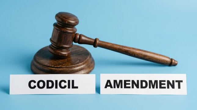 Codicil and amendment legal concept with wooden judge gavel, law and justice symbols on blue background, estate planning and testament modification