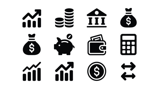 Set of financial icons with rising graphs, coins, wallet, bank, and calculator for economic planning.