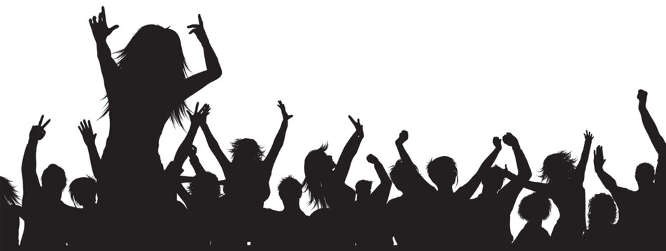 Group of happy dancing people silhouettes with raised hands enjoying music festival or concert atmosphere isolated on transparent background representing joy youth and lifestyle.