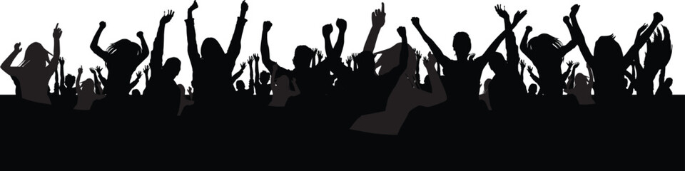 Crowd silhouette cheering with hands up at music festival or sports arena event with group of people silhouettes enjoying concert performance on transparent grid background illustration. © ymnd