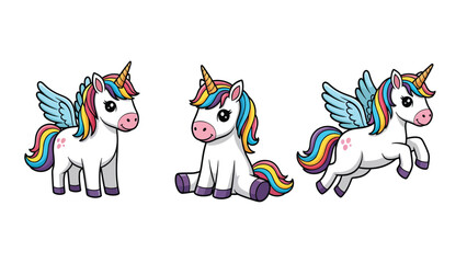 Fototapeta premium Three cute cartoon unicorns with colorful manes and wings, in different poses.