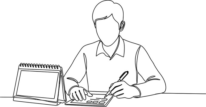 Man calculating with calculator and calendar, business planning, financial concept, hand-drawn illustration