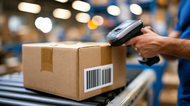 Corrugated shipping box product mockup taped shut on a warehouse packing bench under industrial overhead lighting, single fulfillment worker scanning label, logistics branding, DTC e-commerce packag