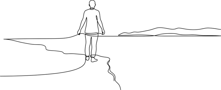 Man standing on cliff edge, holding string across water to distant island, minimalist line art