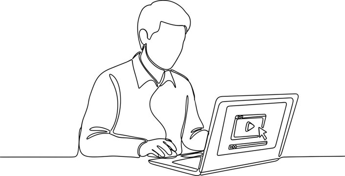 Man working on laptop, continuous line drawing, online video player on screen