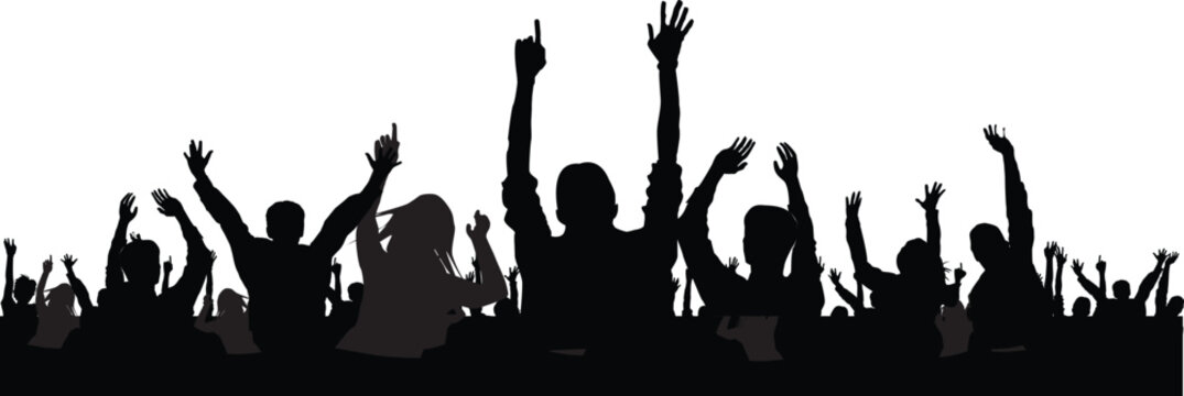 Excited crowd with hands raised at music event, silhouette of fans cheering, lively concert atmosphere, celebration and party mood, energetic gathering, vibrant nightlife, people having fun.