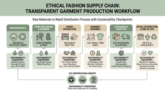 Sustainable and Ethical Fashion Supply Chain Workflow Transparent Garment Production Diagram from Raw Materials to End-of-Life with Key Checkpoints