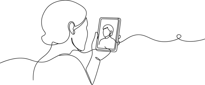 Continuous line drawing of a person holding a smartphone showing a portrait, self-reflection concept.