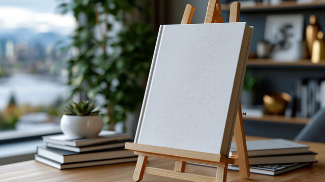 Linen-textured book cover design mockup propped on a wooden easel inside a luxury interior study, single publisher reviewing spine alignment, nonfiction imprint identity, premium literary brand, aca