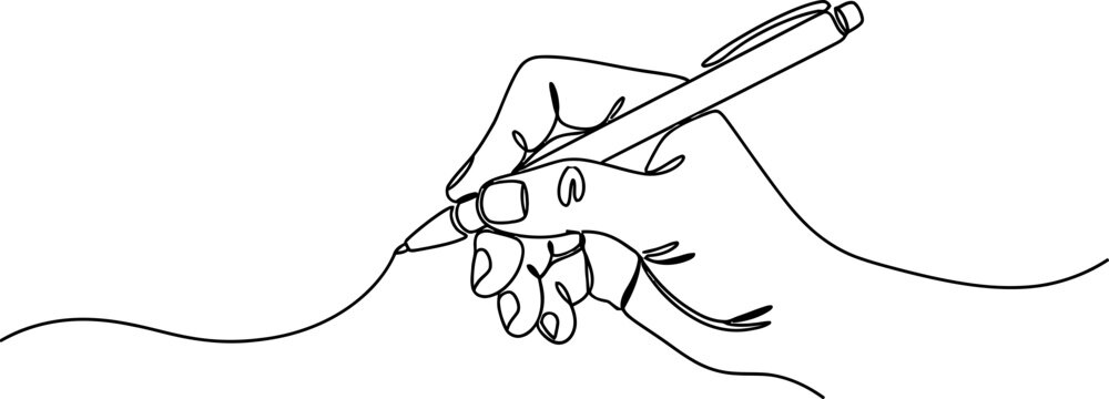 Continuous line drawing of a hand writing with a pen, minimalist art, white background