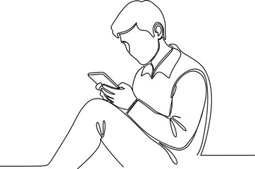 Young man with smartphone, continuous line drawing, sitting, looking down at screen © steven