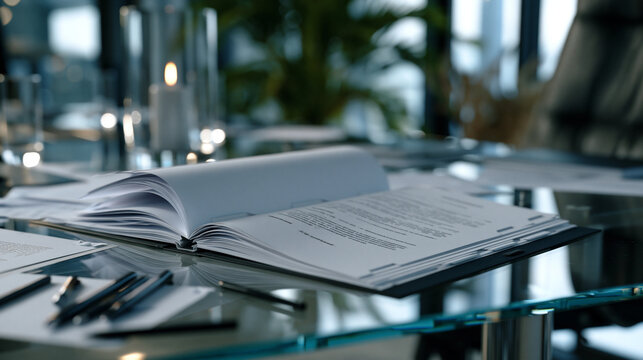 Tabbed document folder mockup splayed open on a glass boardroom table during an aftermath moment following a strategy session, scattered pens and notes surrounding it, corporate compliance, legal br