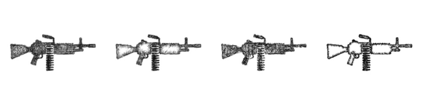 Black and white sketch machine gun icon design set