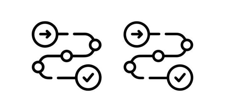 Sequence diagram with checkpoints arrows and check mark progress line icons set representing steps in process or workflow visualization.