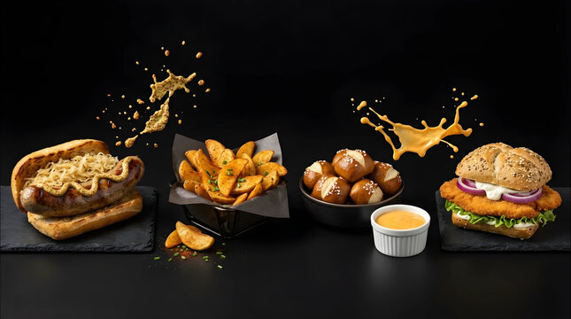 Premium Fast Food Selection Featuring Floating Seasoning and Elegant White Sauce Splash